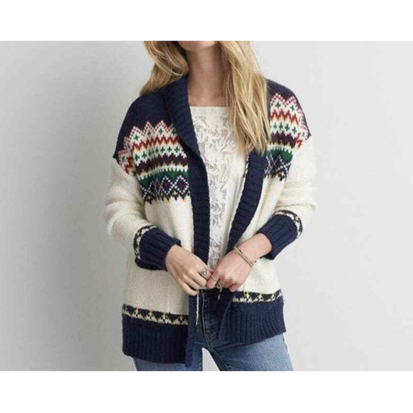 American Eagle Fair Isle Cardigan Chunky Knit Medium Cream Navy Pockets XS - Picture 1 of 10